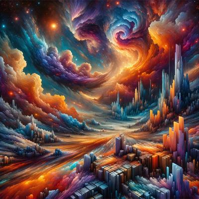 The primary subject of the image is a vibrant and colorful digital art piece featuring a spiral galaxy. The setting is a space filled with various structures, including a large tower and a building. The visual style is a mix of digital art and illustration, creating a unique and captivating atmosphere. The dominant colors in the image are blue, orange, and purple, which contribute to the overall mood of the artwork.